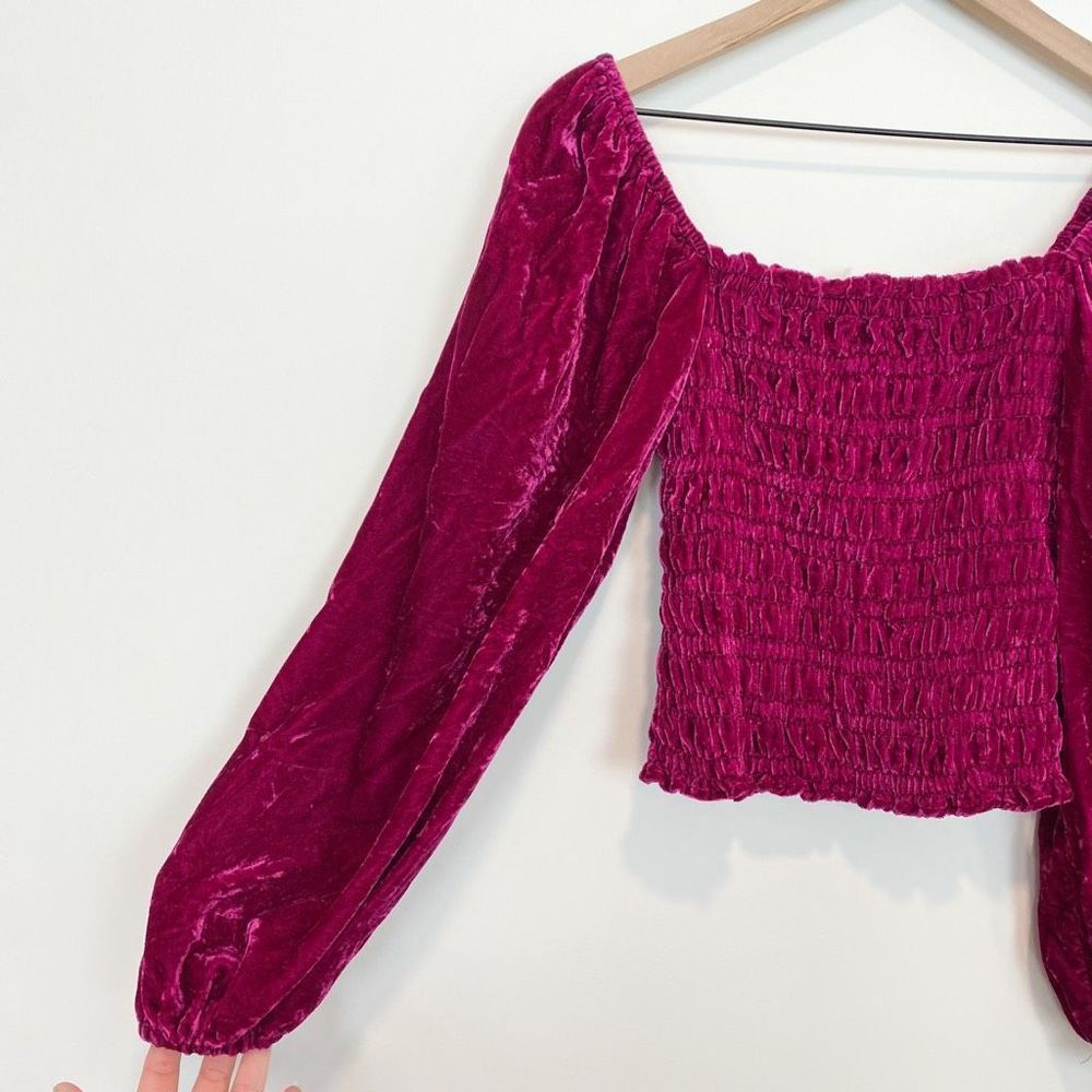 Anthropologie Magenta Pink Rose Smocked Velvet Puff Sleeve Peasant Blouse Ruffle - Picture 6 of 8